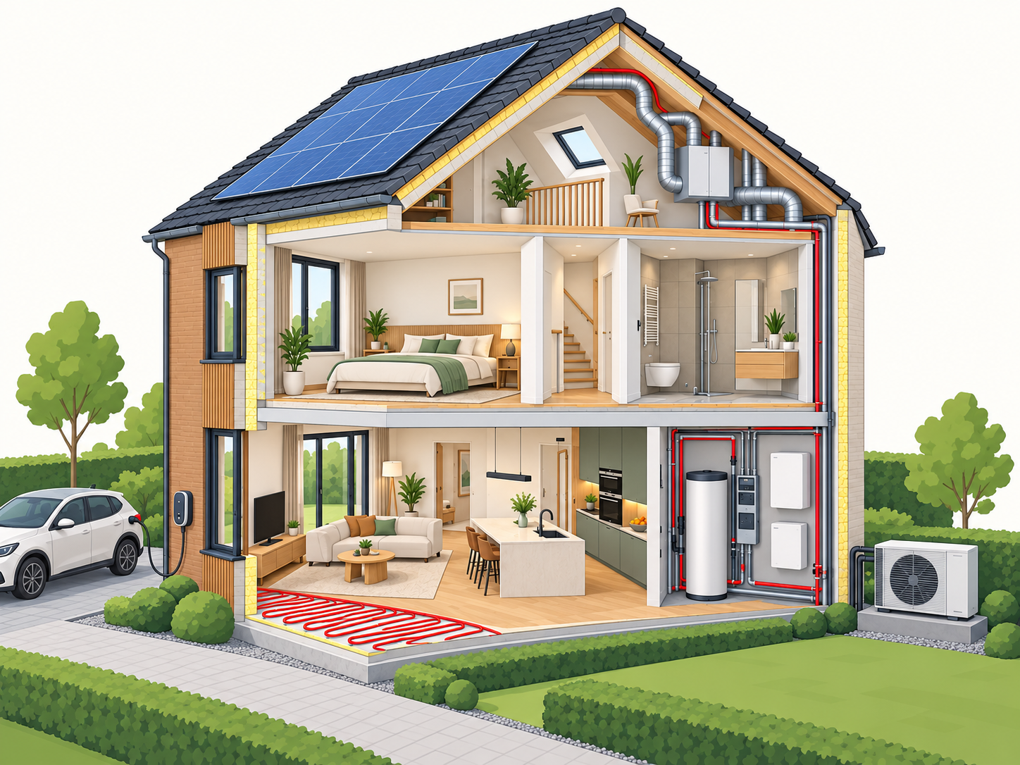 Doorsnede van een verduurzaamde woning met woonkamer en techniekruimte op de begane grond, slaapkamer en badkamer op de verdieping en ventilatie op zolder. Op het dak liggen zonnepanelen; buiten staan een warmtepomp en een laadpunt.